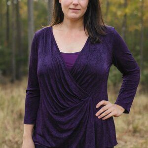 Lane Bryant Blouse‎ Women'26/28 Purple Floral Ruche Faux Wrap Stretch 3/4 Sleeve